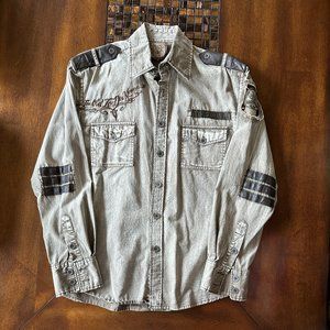 ROAR Men's Med Tan Embroidered Distressed Long Sleeve Button Shirt Military